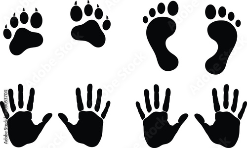 Hand and foot print silhouette set showing human palms, barefoot steps and animal paw shapes isolated on white background