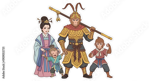 Traditional Chinese Family Portrait Warriors, Children, and Empress with Majestic Monkey King