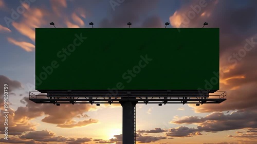 Timelapse video of large green billboard mockup on metal scaffolding against blue sky