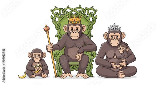 Cartoon Family of Monkeys with Crowns and Scepter on White Background