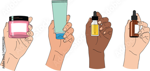 Hands holding skincare products illustration featuring cream jar, lotion tube and serum dropper for beauty routine isolated on white