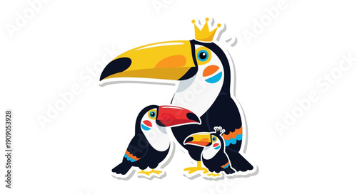 Cartoon Family of Toucans with Crown Illustrates Nature's Vibrant Colors and Family Bonds