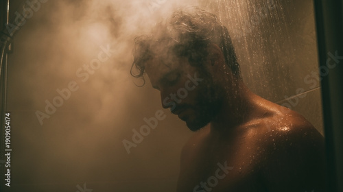 A man is standing in a shower with steam