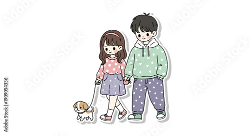 Couple walking dog on leash, romantic cute illustration couple with pet