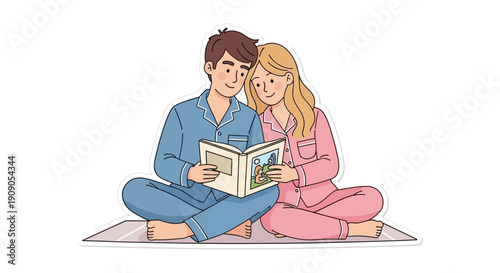 Couple in Pajamas Reading a Book Together While Sitting on a Mat