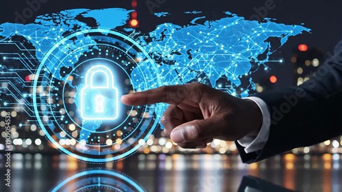 Data security concept person touching digital padlock on world map