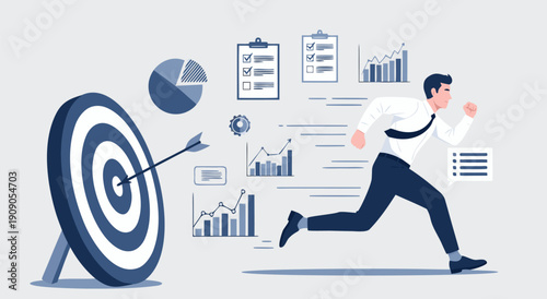 Business Goal Achievement vector illustration of a man running towards a target with charts and graphs symbolizing success