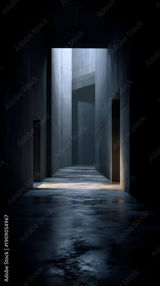 Fototapeta premium Minimalist dark industrial hallway with dramatic light reflections on wet floor