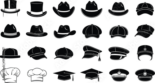 Hat silhouette collection featuring classic, modern and professional headwear styles including fedora, cap, helmet and graduation hats isolated