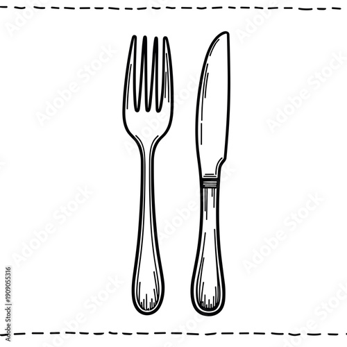 Fork and knife drawn in sketch style on white background  
