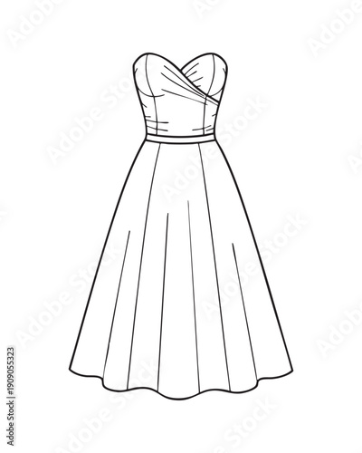 Ruched Sweetheart Bodice Fit and Flare Dress Fashion Sketch with Clean Linear Outline Stroke