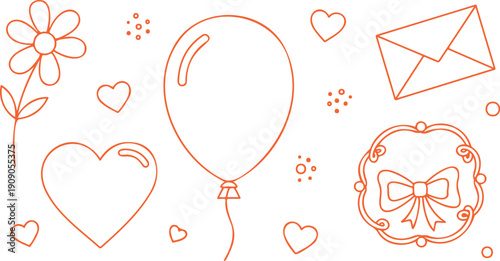 Whimsical collection of hand-drawn love and celebration symbols