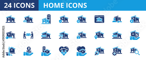 Home icon set. Containing house, property, loan, town, landlord, insurance, location, mortgage, for sale and more. Solid vector icons collection.