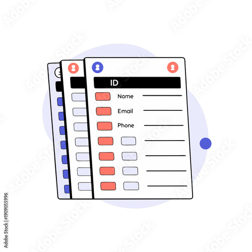 Stack of id cards with contact information on transparent background