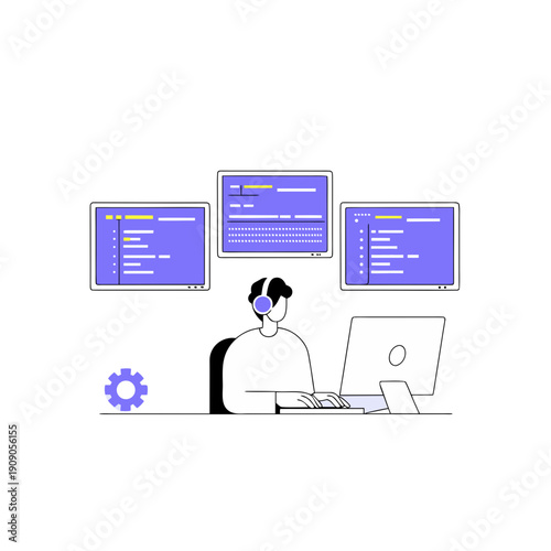 Person working on multiple computer screens on transparent background