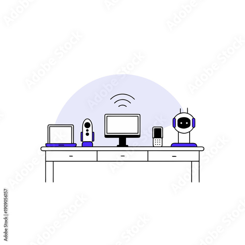 Devices and robot on a table illustration on transparent background