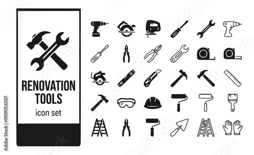 Renovation Tools Power-Tools Hand-Tools Measuring-Instruments Drill Saw Level Tape-Measure Home-Improvement Vector Icon Set - Remodel Tools
