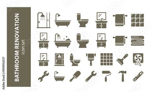 Bathroom Renovation Shower Bathtub Toilet Vanity Mirror Towel-Rack Tile Grout Exhaust-Fan Vector Icon Set - Bathroom Remodel