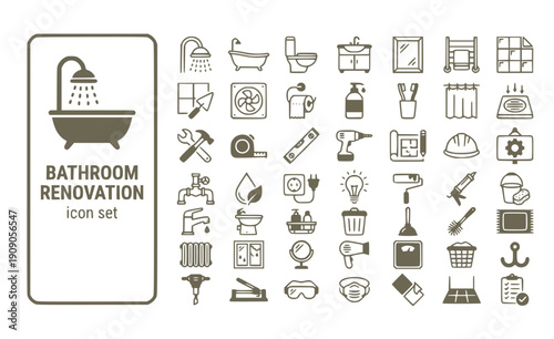 Bathroom Renovation Shower Bathtub Toilet Vanity Mirror Towel-Rack Tile Grout Exhaust-Fan Vector Icon Set - Bathroom Remodel