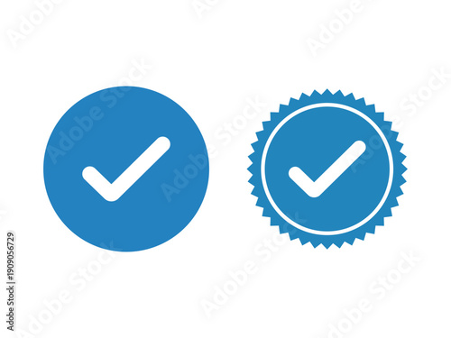 Two blue circles with white checkmarks, one smooth and one with a jagged outer edge, signifying completion or verification.