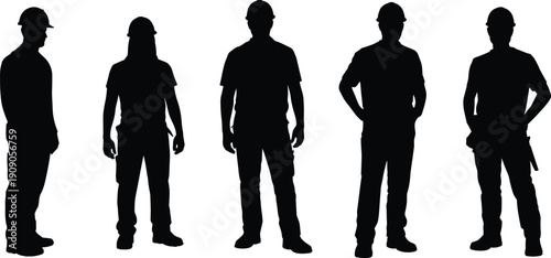 Construction worker silhouettes including female worker isolated on white background, industrial labor workforce diversity concept
