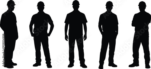 Construction worker silhouettes standing in neutral poses isolated on white background, industrial labor workforce concept