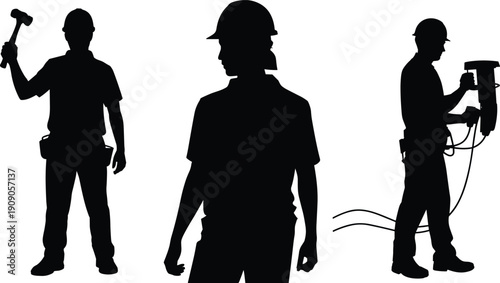 Construction worker silhouettes with hammer and power tool isolated on white background, industrial labor workforce concept