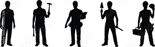 Construction worker silhouettes with various hand tools isolated on white background, industrial labor workforce concept