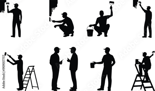 Painter worker silhouettes painting wall with roller isolated on white background, home renovation service concept