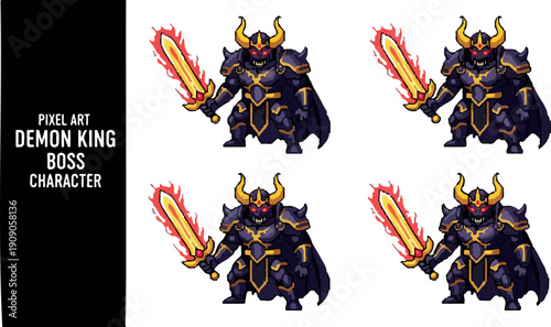 Pixel Art Demon King Boss Character with Flaming Sword for Retro RPG and Indie Games
