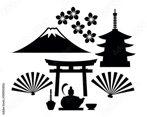 A collection of Japanese cultural symbols and landmarks in black silhouette