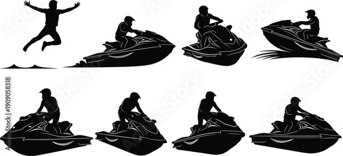 Jet Ski Rider Silhouette Vector Collection with Personal Watercraft Action Poses Isolated Black Extreme Water Sport Illustration Set
