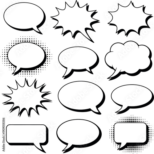 A collection of various comic book style speech bubbles on a white background