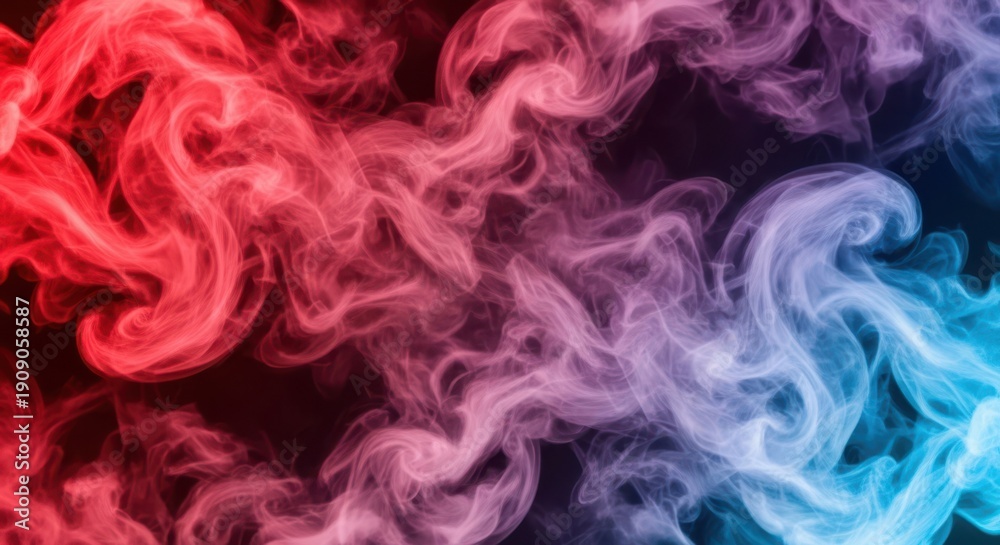 Fototapeta premium Swirling vibrant smoke clouds in a gradient of red pink and blue over a dark background
