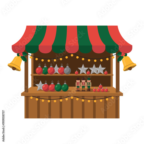 A festive Christmas market stall with ornaments and decorations on display
