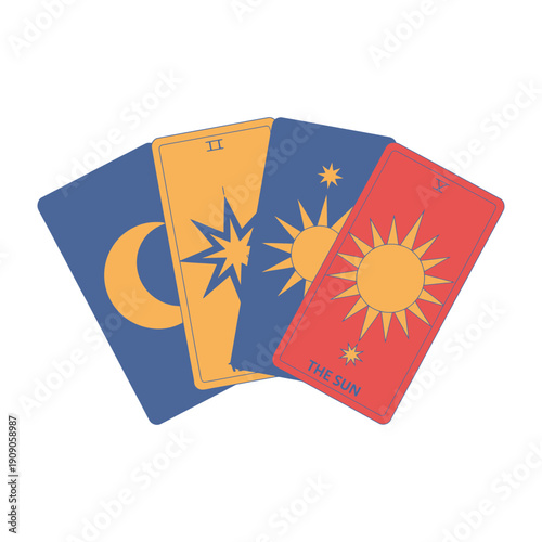 A set of colorful tarot cards with celestial symbols on a white background