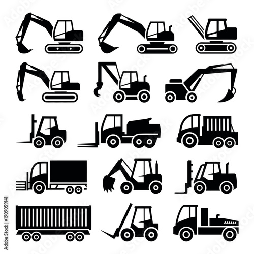A collection of black silhouettes of various construction vehicles and equipment