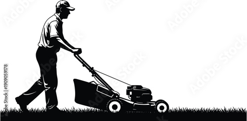 Gardener Pushing Lawn Mower Silhouette Vector Illustration for Grass Cutting and Residential Garden Maintenance Service Design