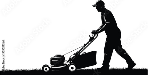 Lawn Mowing Service Worker Silhouette Vector Illustration with Grass Cutting Machine for Garden Maintenance Landscape Design