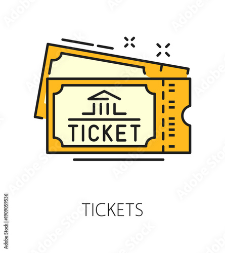 Museum art gallery and exhibition color line icon of tickets, vector pictogram. Museum exhibition and art gallery icon of tickets or entry pass coupons for artworks and masterpiece exposition
