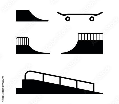 A set of black silhouettes depicting various skateboarding ramps and rails