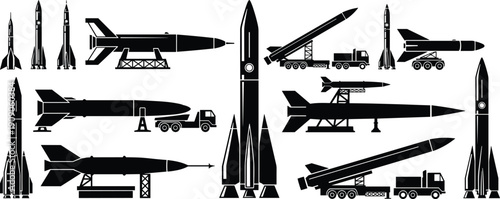 Missile and Rocket Silhouette Vector Set with Military Ballistic Weapons and Launch Vehicles Collection Isolated Black Icons
