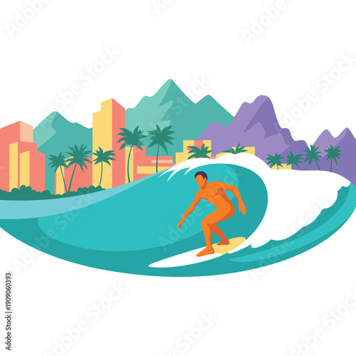 A surfer rides a wave in front of a city skyline and mountains