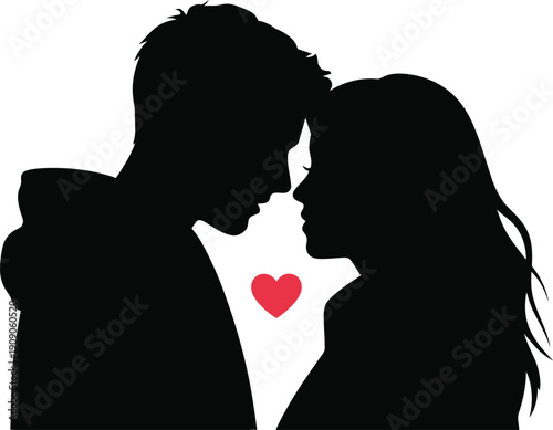 A romantic couple sharing a tender moment with a red heart symbol