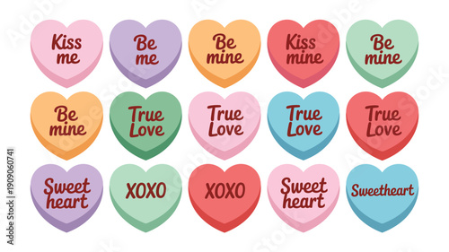 A colorful assortment of heart-shaped candies with Valentine's Day messages
