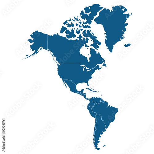A blue map of North and South America on a white background