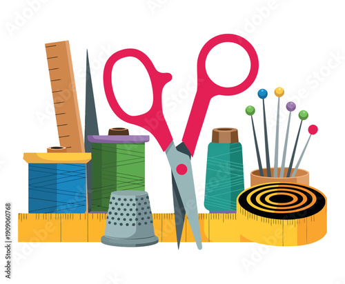 A collection of colorful sewing tools and supplies on a white background