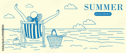 Trendy hand drawn summer beach poster with relaxed girl sitting on chair facing the ocean. Minimal blue line art design with seaside vibe, perfect for travel ads, social media, branding, prints.