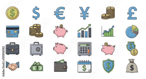 Financial Icons Representing Money and Business Concepts.