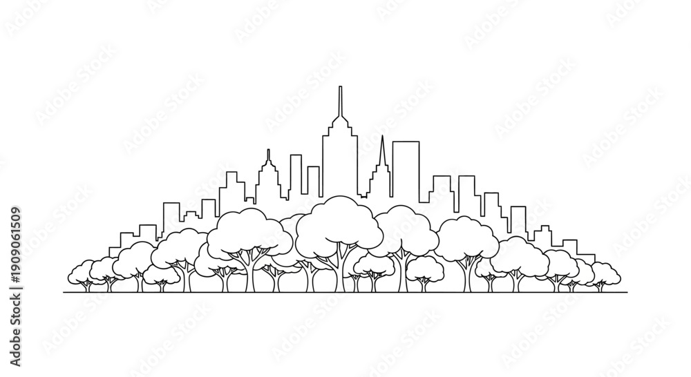 Fototapeta premium City Skyline with Trees Silhouette.